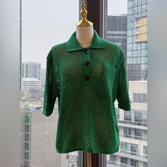 🆕 FARM Rio 🧿 NWOT Kelly Green Crochet Collared Polo, Sz L - Picture 3 of 14